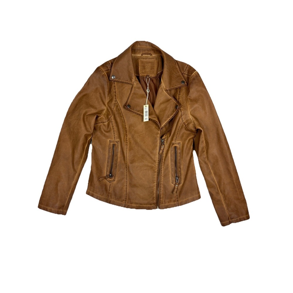 Max Studio Cognac Brown Faux Leather Moto Jacket Asymmetrical Size Large